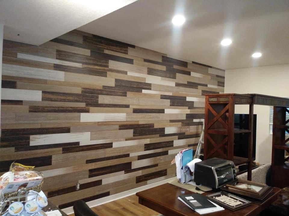 Wood plank accent wall with natural grain finish