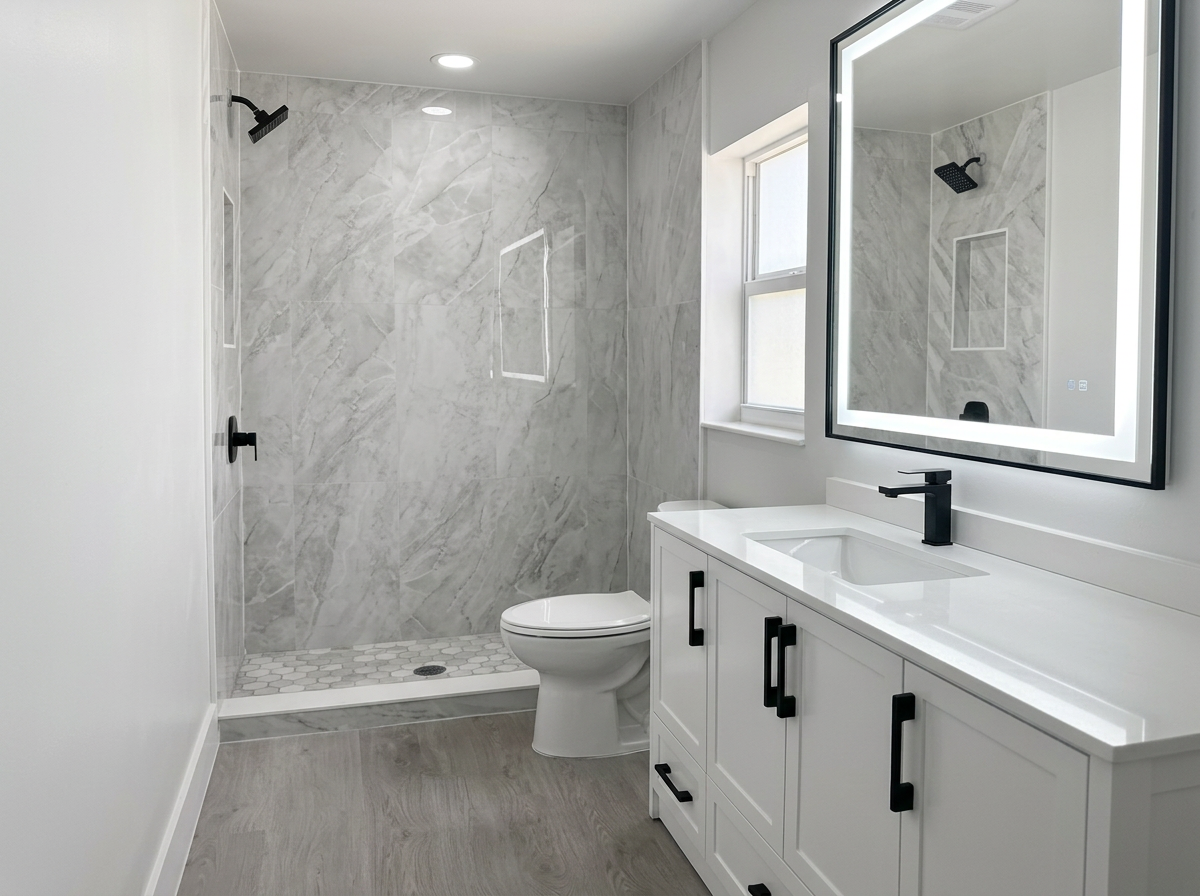 Marble walk-in shower with white shaker vanity